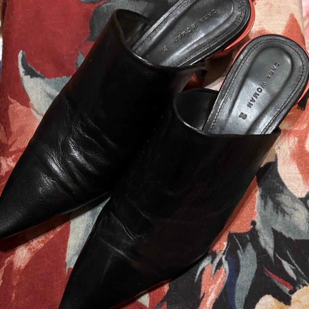 Zara Black Pointed Leather Mule Slides - Women Accessories